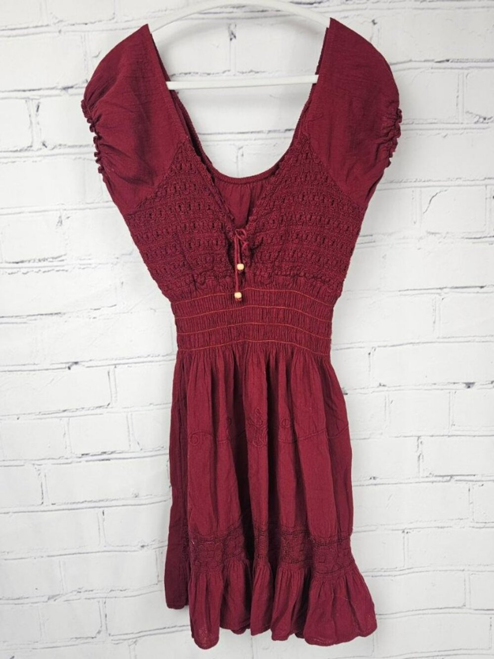 Boho Red Burgundy Smocked Peasant Mini Dress Womens S Beach Short Puff Sleeve